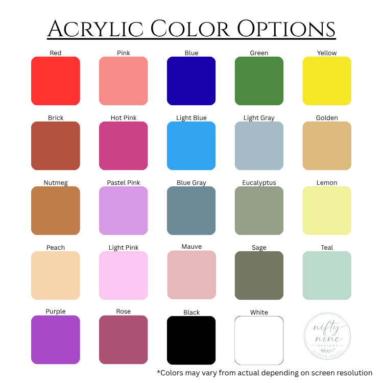 Acrylic color options chart with various color swatches.