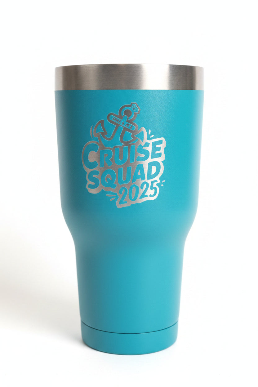 Teal tumbler with 'Cruise Squad 2025' text on a white background